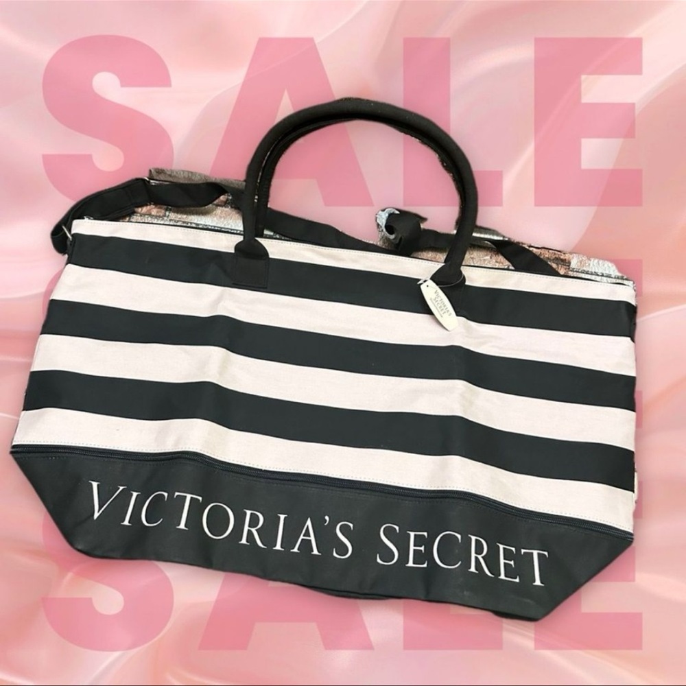 Victoria's Secret Black and White Striped Tote Bag with Bold Design